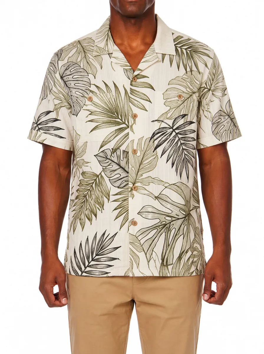 Men's Tropical Print Camp Collar Shirt Featuring Short Sleeves