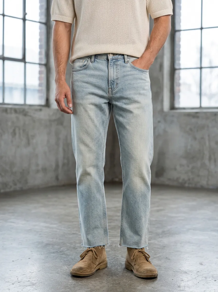 Men's Light Wash Raw Hem Denim Jeans