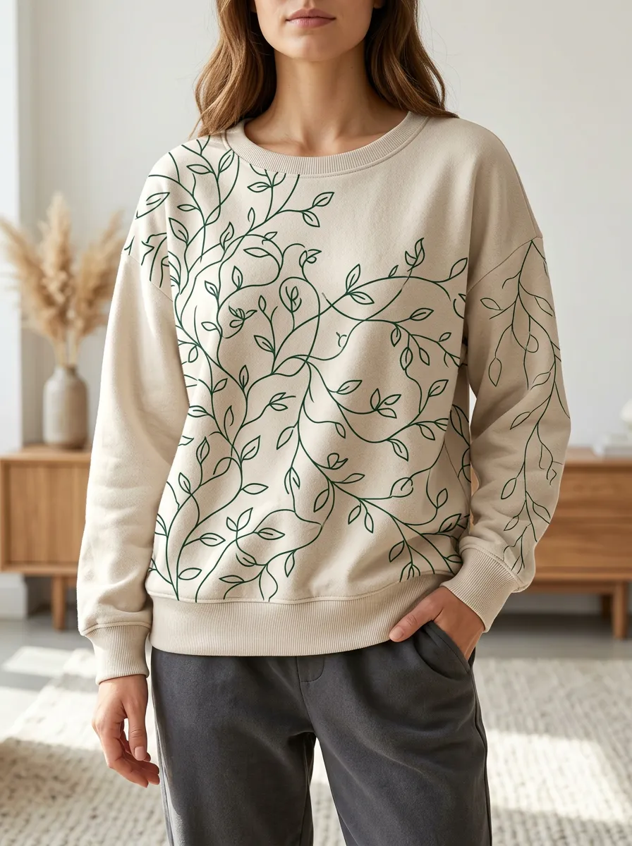 Women's Botanical Print Crewneck Sweatshirt Crew Neck Nature Inspired