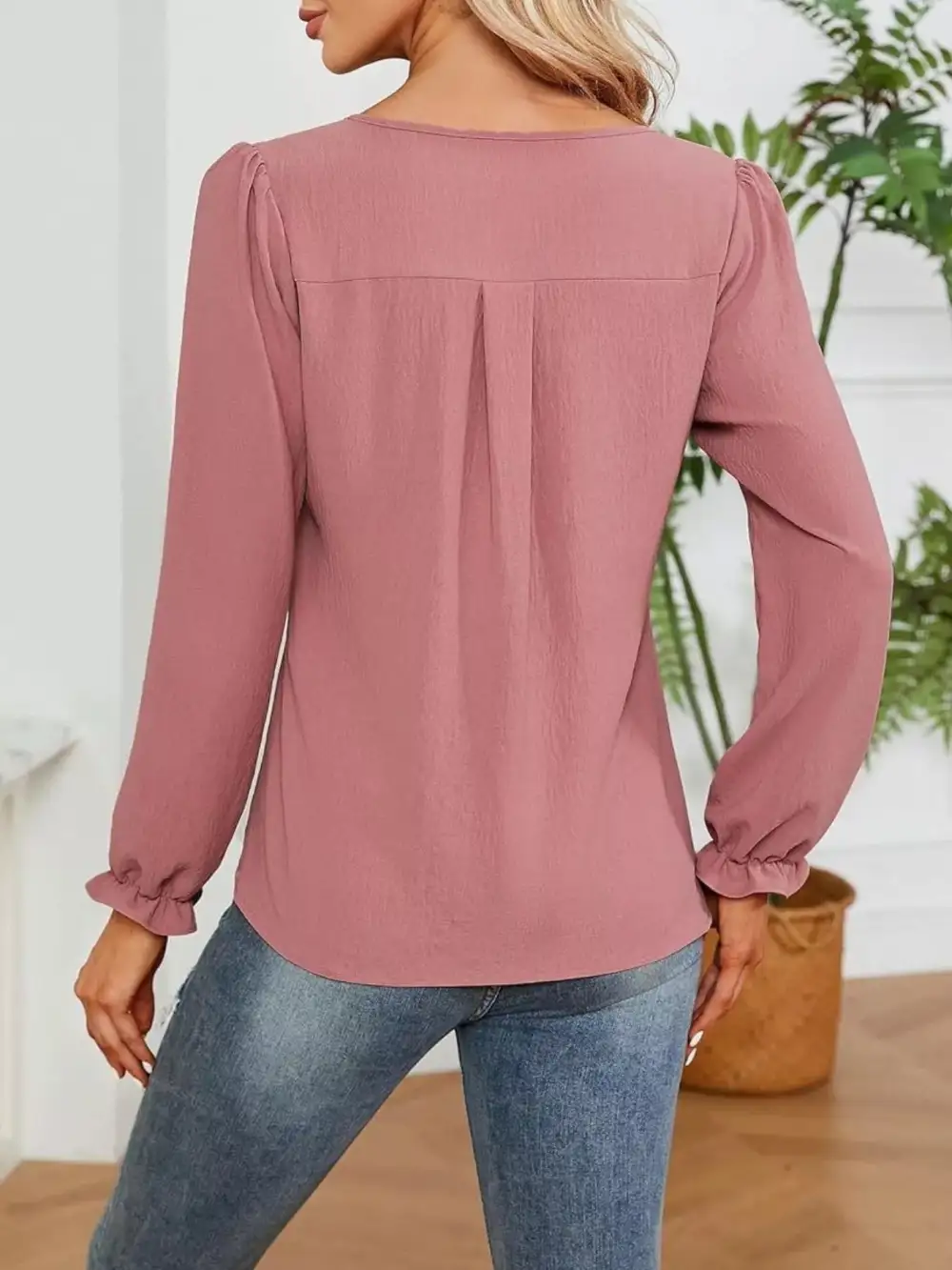 Notched-Neck Ruffle-Cuff Blouse