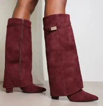 Suede Thigh Tall Boots Buckle  Heeled Boots