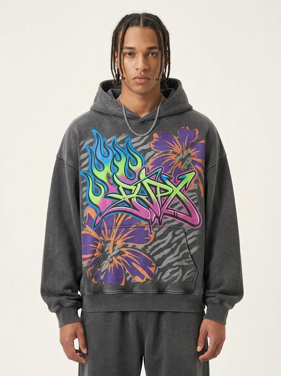 Unisex Streetwear Graffiti Flame Floral Zebra Graphic Hoodie