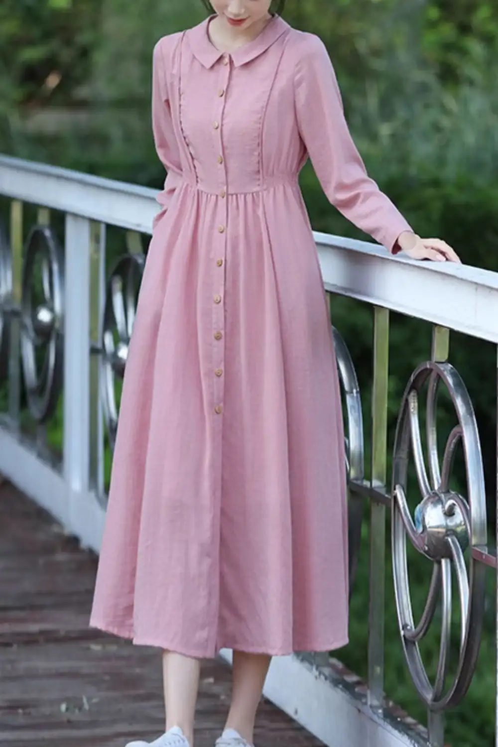 Linen Cotton Fit And Flare Lapel Collar Long Sleeve Midi Dress