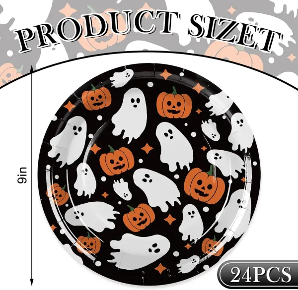 24Pcs Halloween Paper Plates Cute Ghost Pumpkin Disposable Plates 9 Inch Black Decorative Dinner Dessert Plate for Party Tableware Supplies