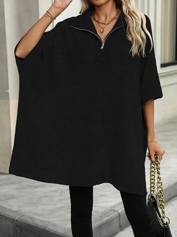 Paneled Zip Detail V-Neck Elbow Sleeve Relaxed Fit Sweater
