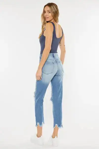 High Waist Chewed Up Straight Mom Denim Jeans