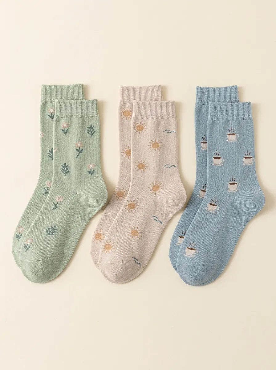 Women's 3-Pair Floral Sun Coffee Crew Sock Set