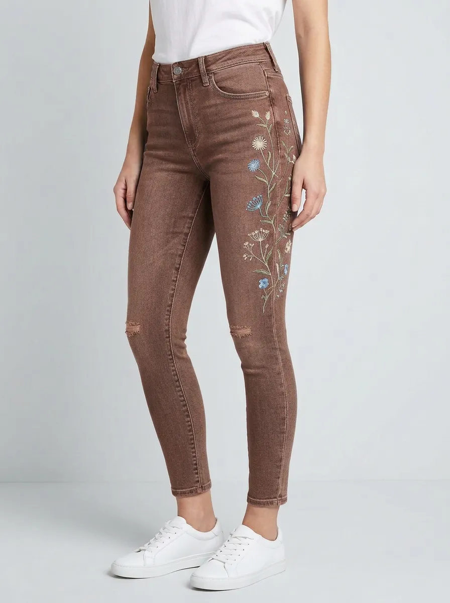 Women's Floral Nature Wildflower Embroidered Graphic Slim Jeans