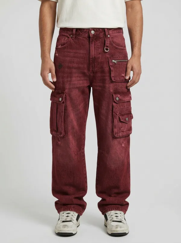 Men's Streetwear Compass Graphic Denim Cargo Jeans