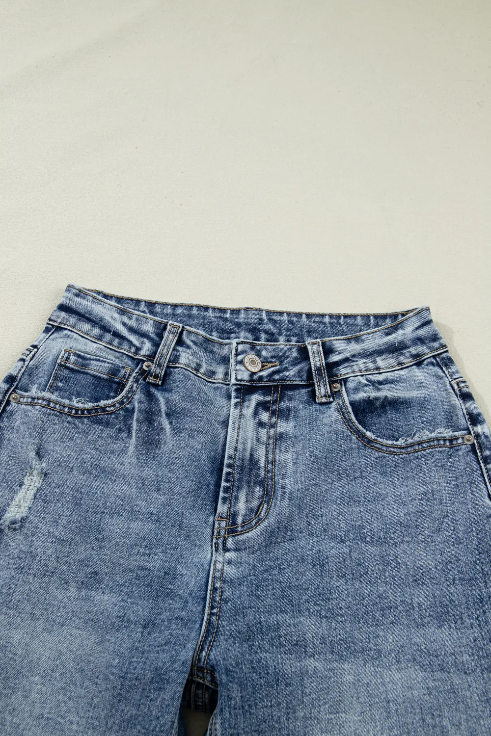 Washed Blue Cuffed Straight Jeans