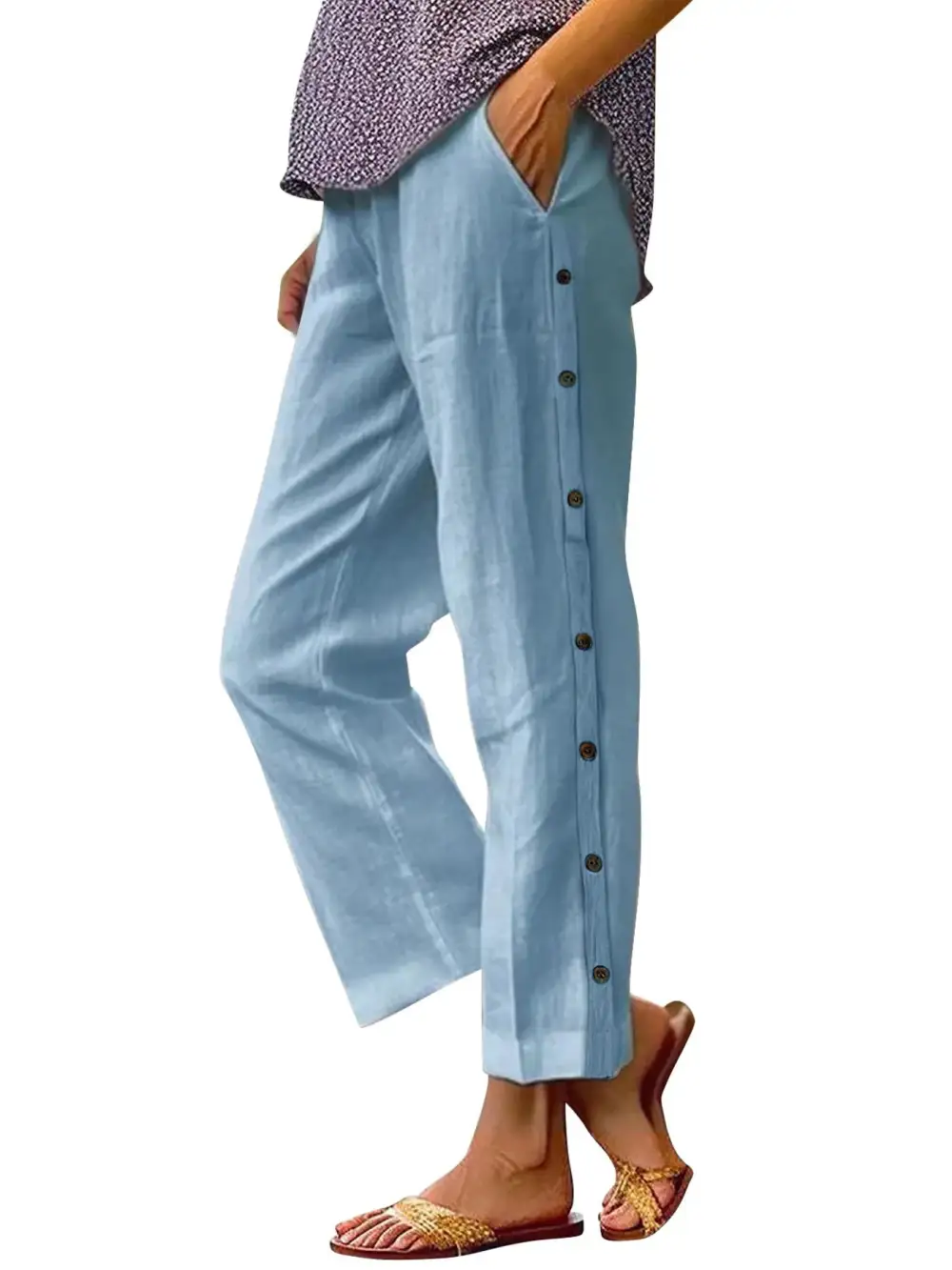 Wide Leg Button Detail Pocketed Pants