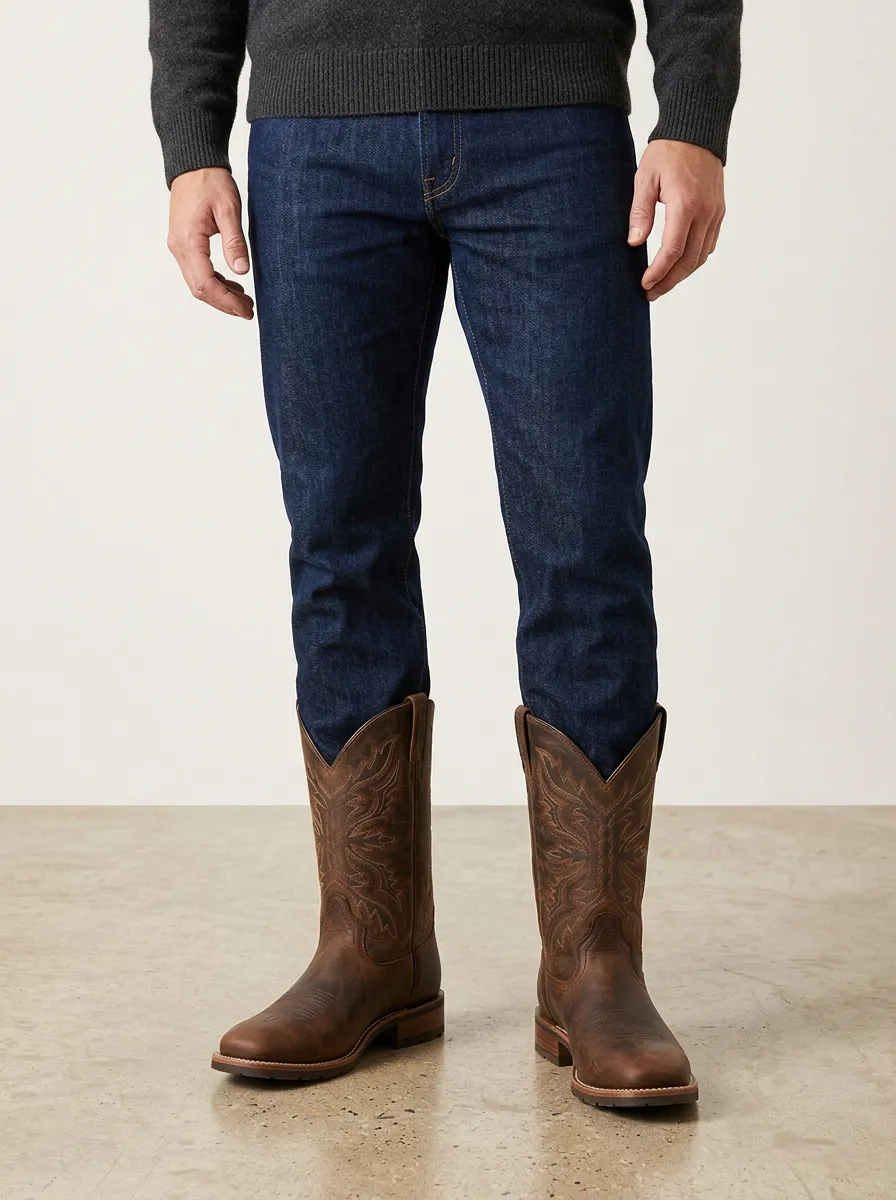Men's Ranch Western Embroidered Brown Leather Printed Boots
