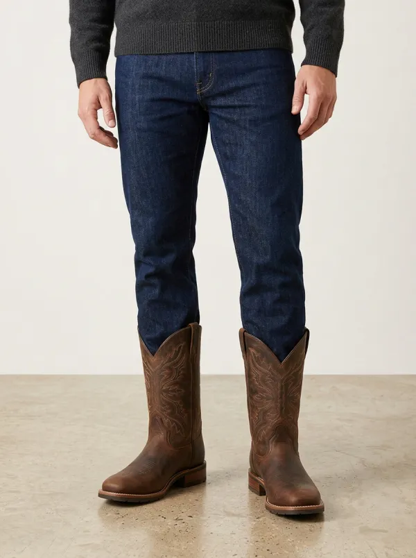 Men's Ranch Western Embroidered Brown Leather Printed Boots