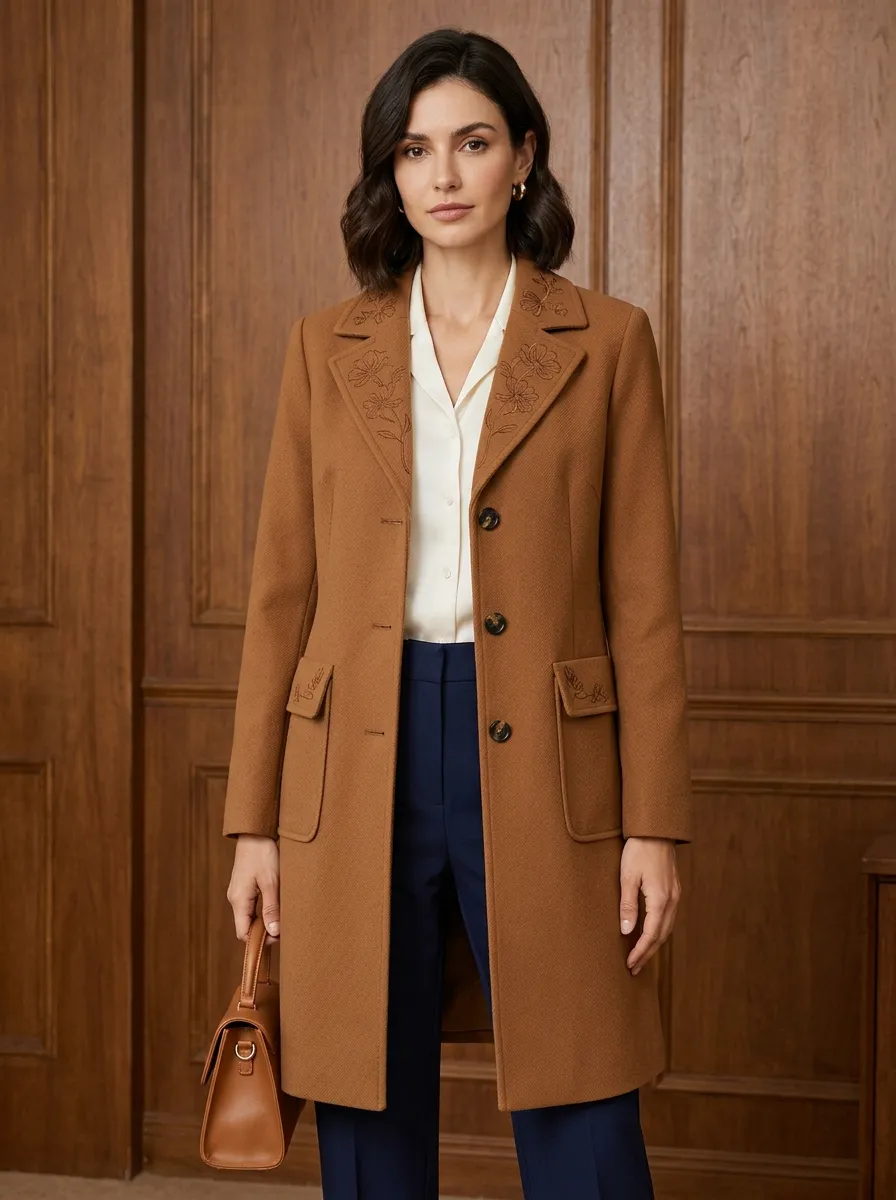 Women's Brown Floral Embroidered Lapel Coat