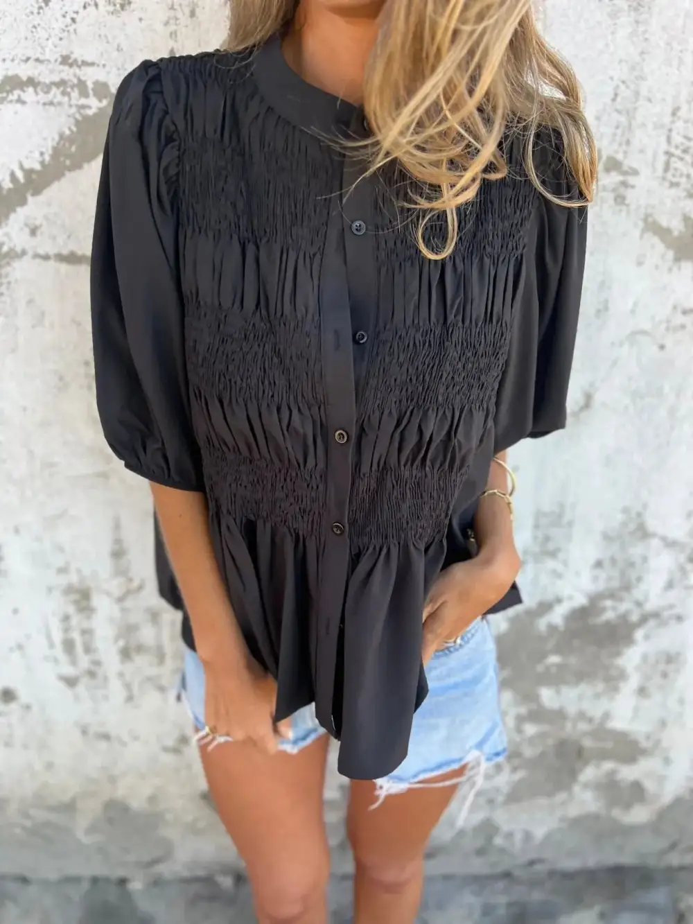 Smocked Puff-Sleeve Buttoned Blouse