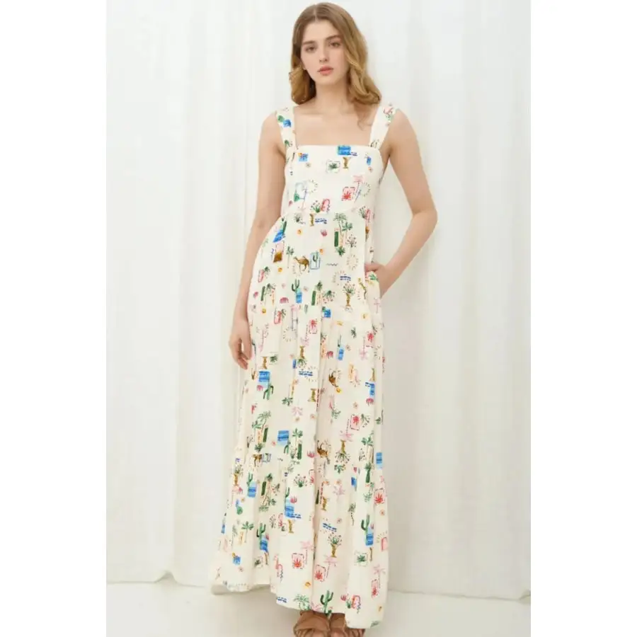 Classic Printed Square Neck Wide Strap Maxi Dress