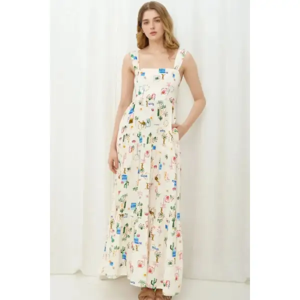Classic Printed Square Neck Wide Strap Maxi Dress