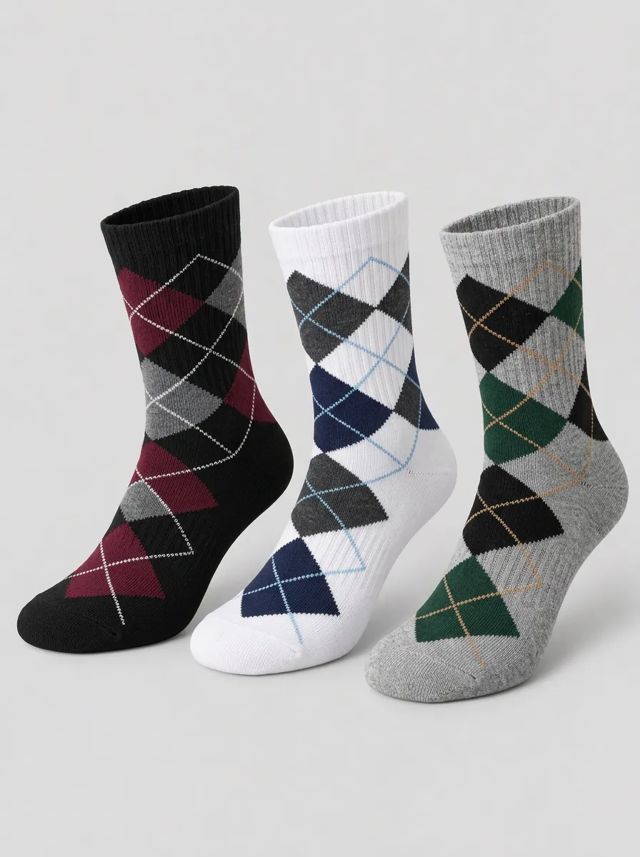 Men's Multicolor Argyle Pattern Ribbed Cuff Crew Socks 3-Pack