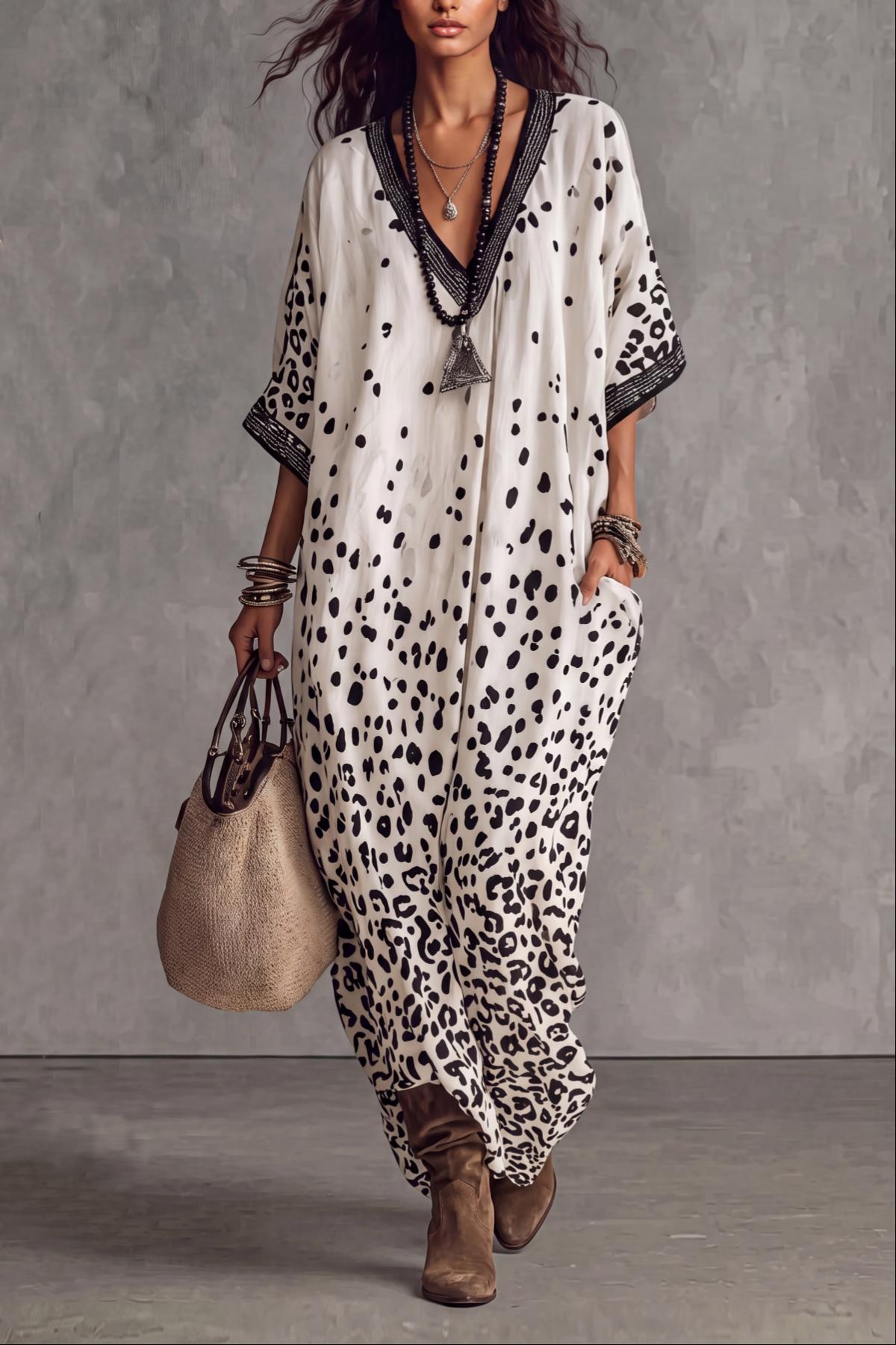 Plunge Neck Leopard Pattern Printed Maxi Dress