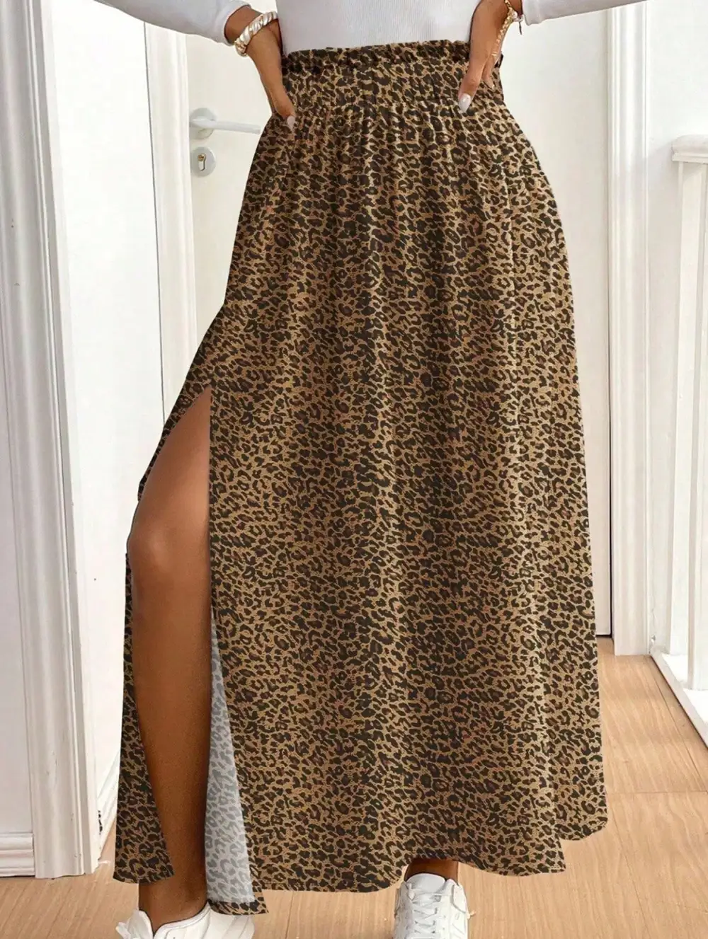 Leopard Print Floral Slit Midi Skirt