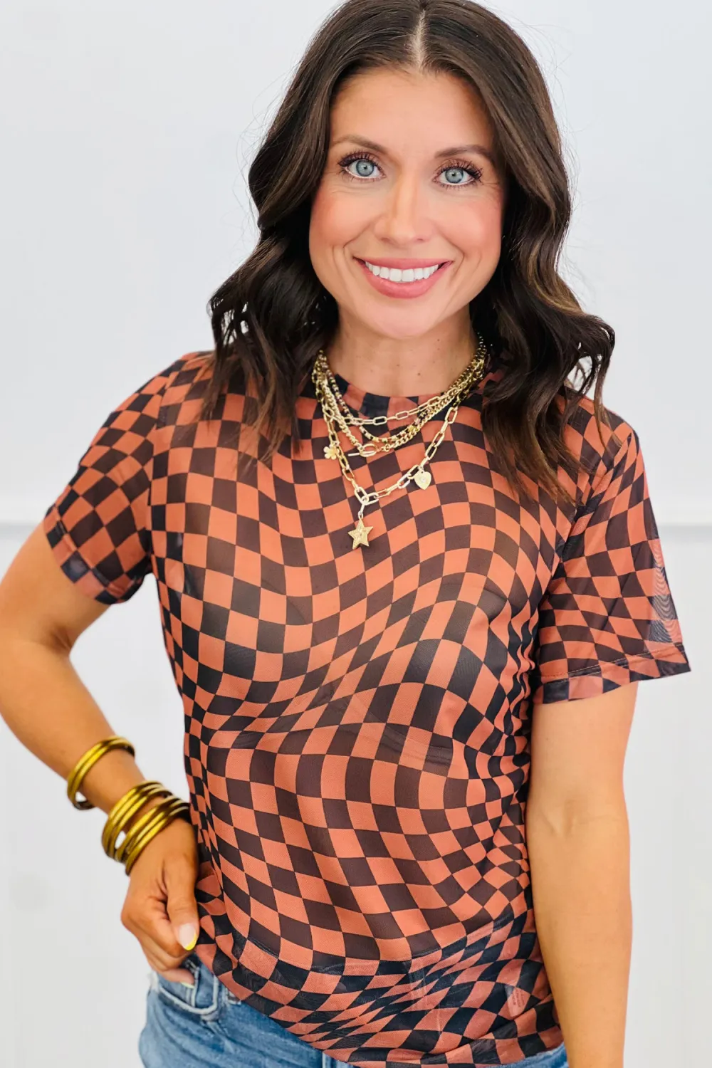 Orange Checkered Print Crew Neck Tee