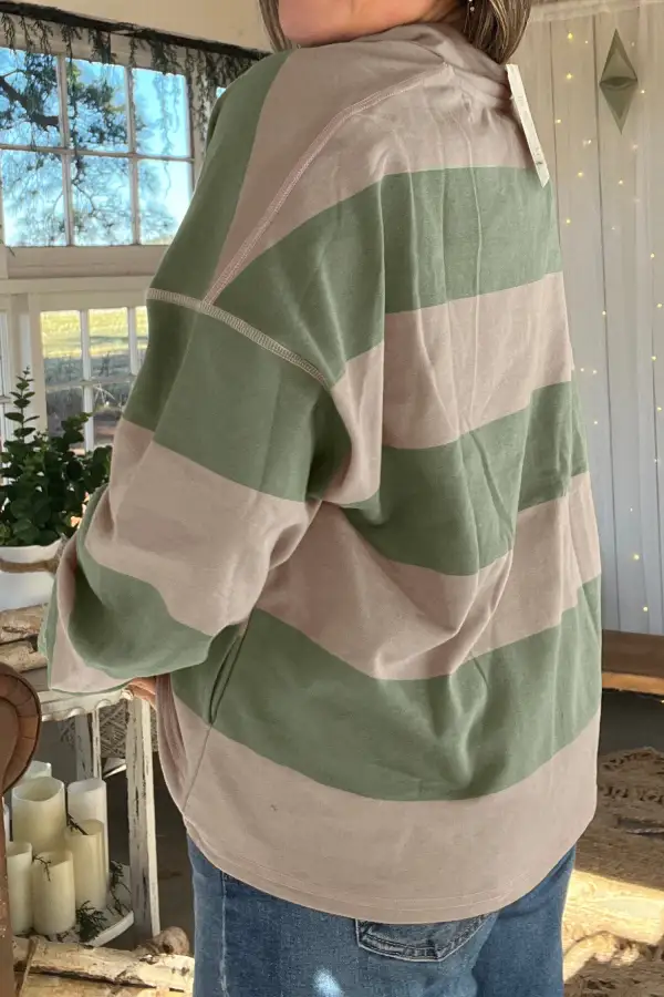 Classic Striped Ribbed Relaxed Stretch Fabric Long Sleeve Top