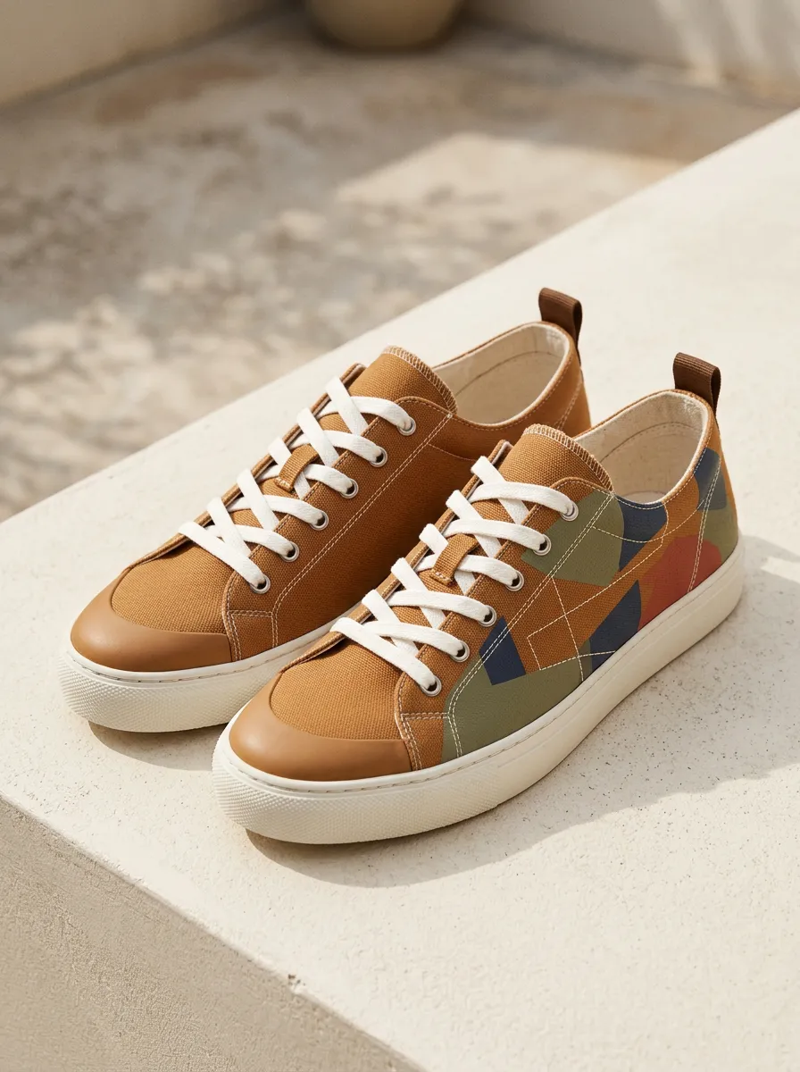 Paneled Geometric Abstract Canvas Sneakers