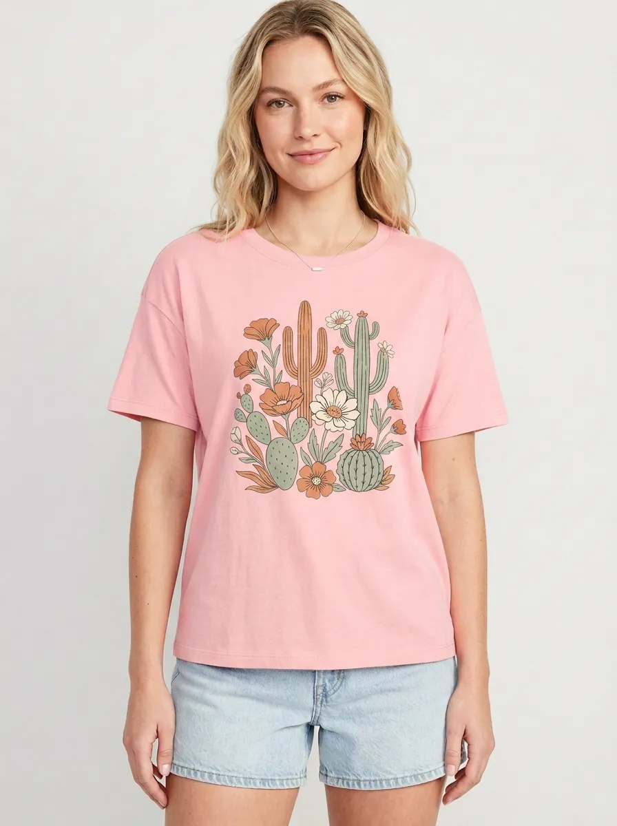 Women's Boho Cactus Floral Graphic Crewneck T-Shirt