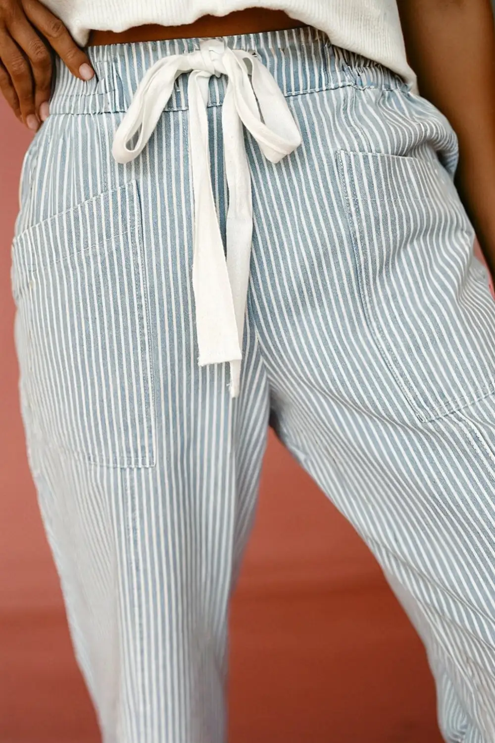 Women's Stripe Mid Rise Drawstring Waist Jeans