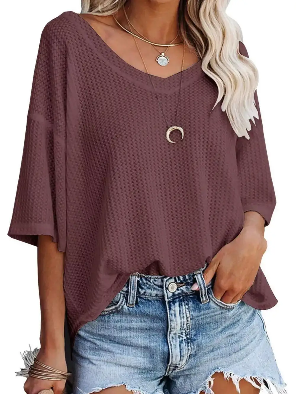 Relaxed V-Neck Short-Sleeve Knit T-Shirt