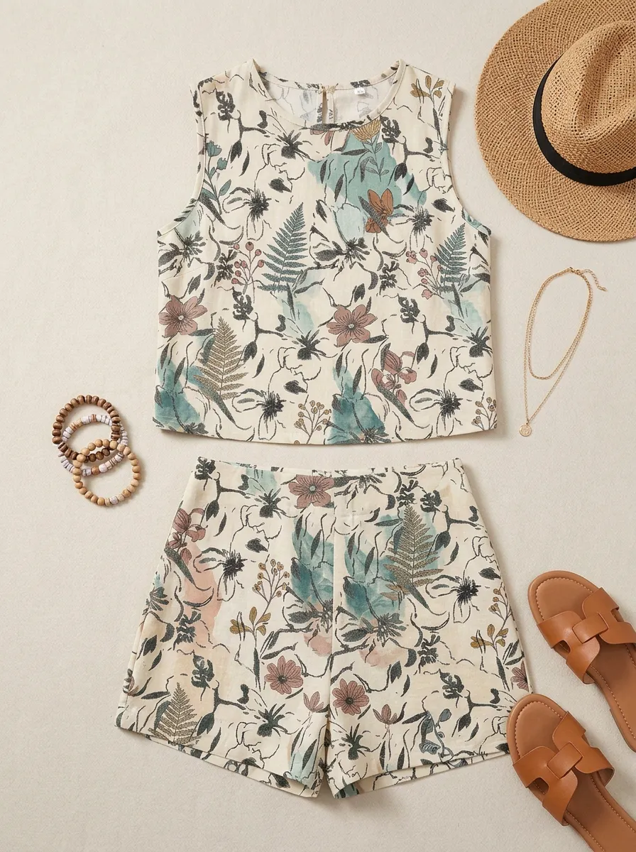 Women's Botanical Floral Fern Printed Sleeveless Shorts Set
