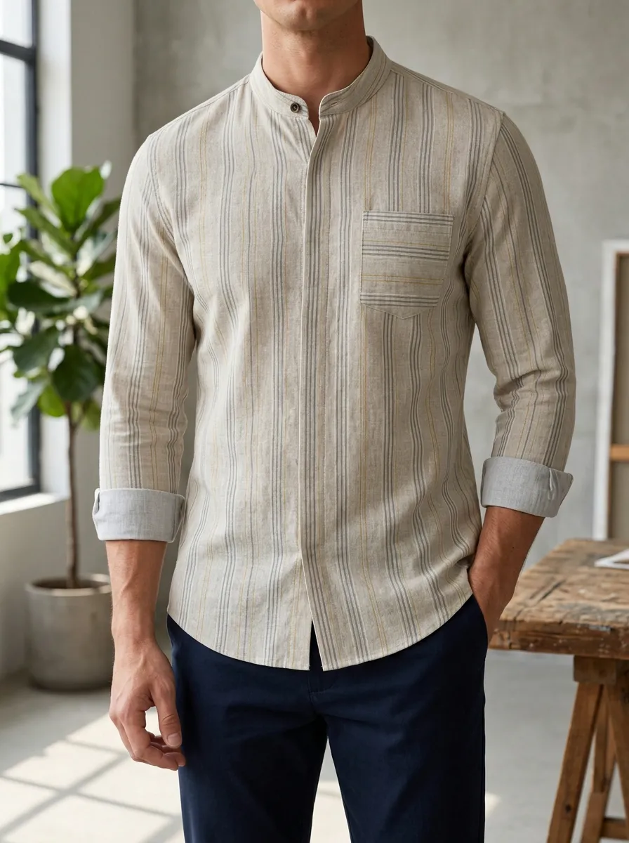 Men's Casual Style Beige Striped Mandarin Collar Slim Fit Shirt