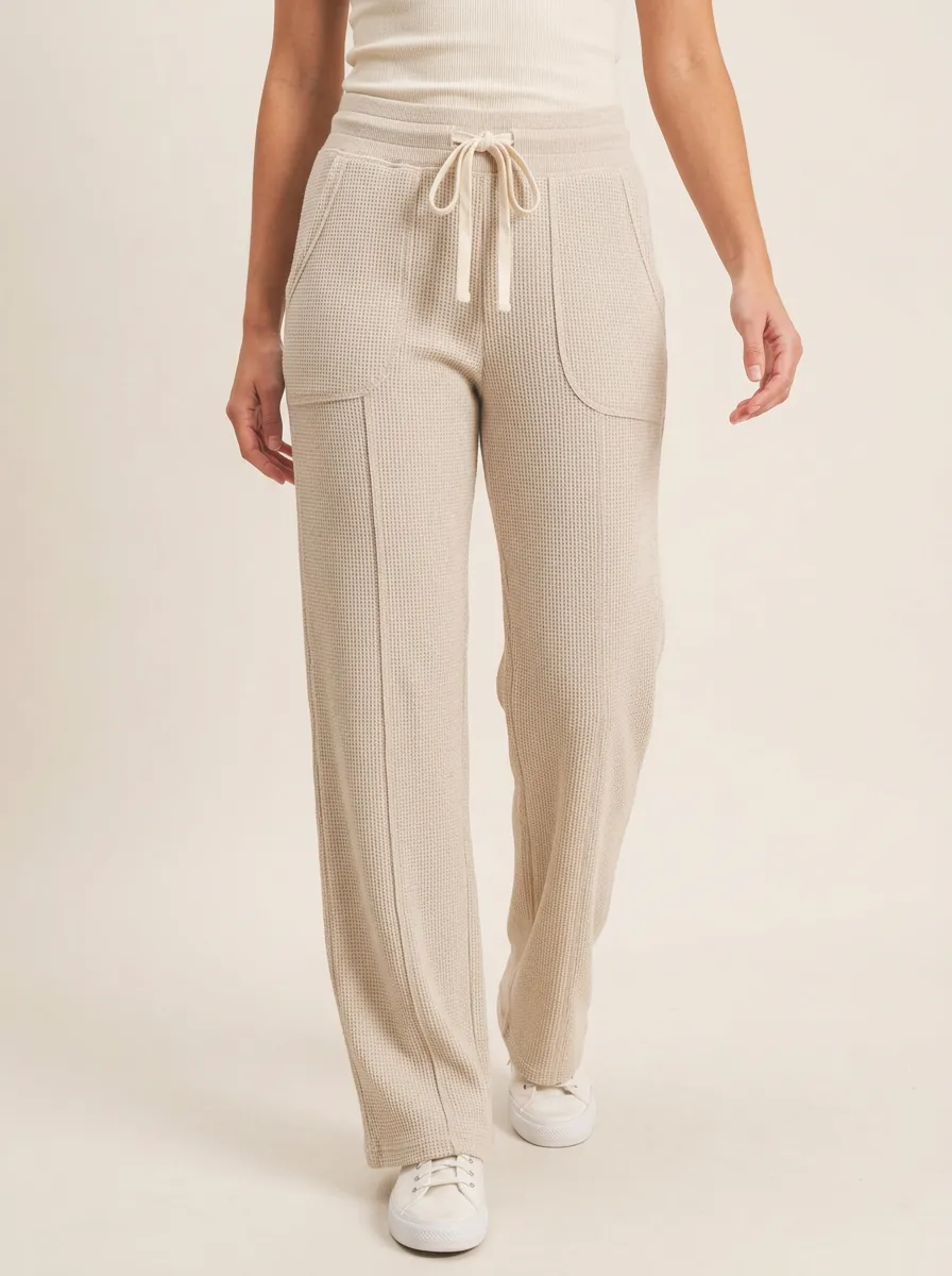 Women's Waffle Knit Casual Drawstring Wide Leg Pants