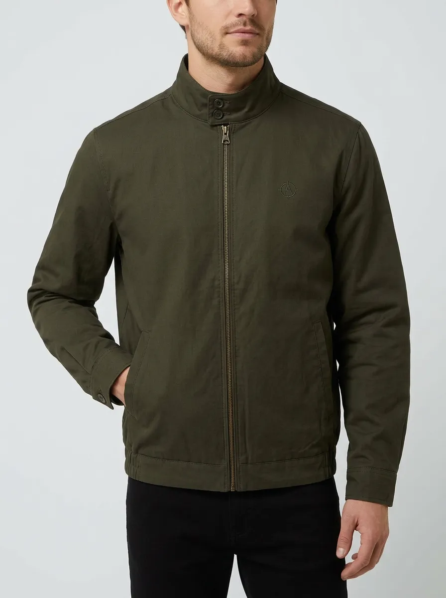 Men's Casual Military Style Olive Green Zip-Up Jacket