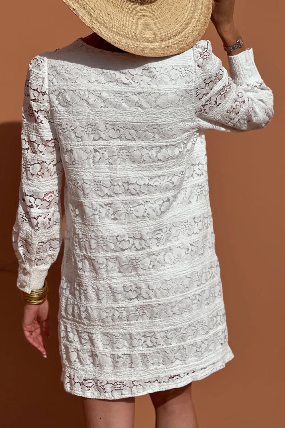 Lace Detail Round Neck Puff Sleeve Mini Dress