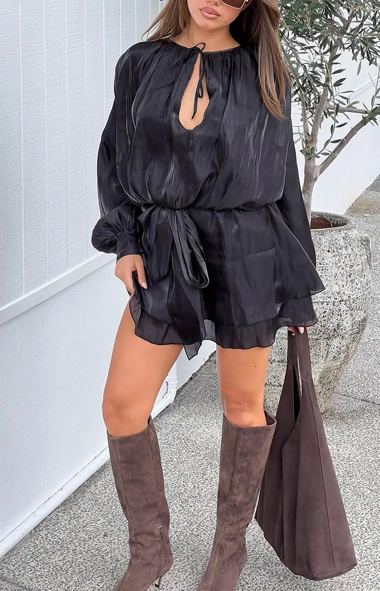 Long Sleeve Satin Long Mini Dress