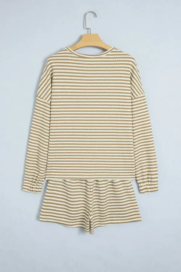 Women's Textured Knit Long Sleeve Top Elastic Waist Shorts Casual Coordinated Set