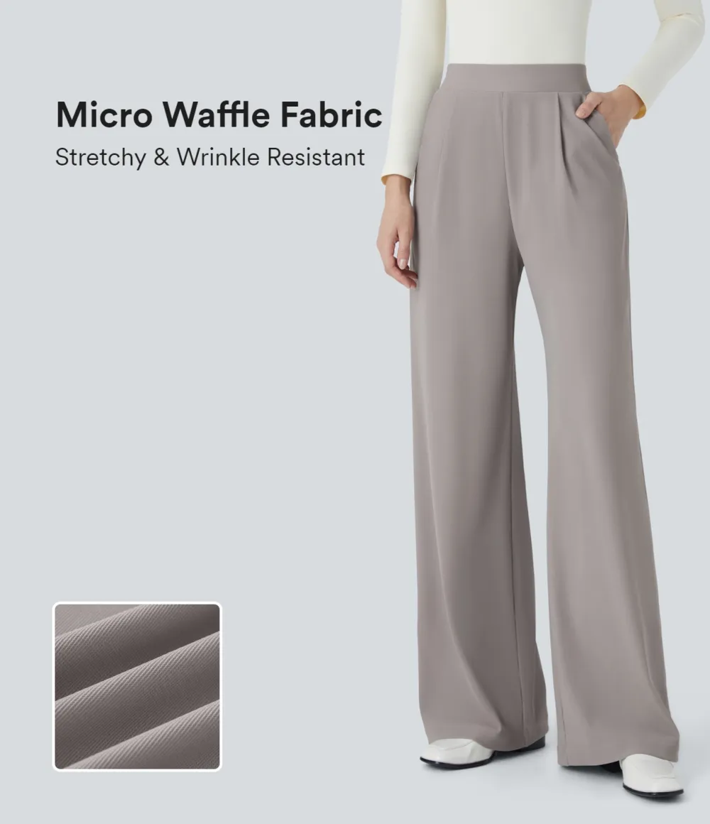  High Waisted Body Sculpt Waist-Slimming Side Pocket Wide Leg Micro Waffle Work Pants