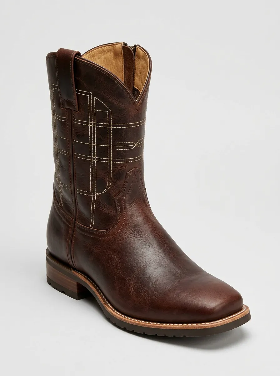 Men's Side-Zip Square-Toe Geometric-Stitch Western Boots