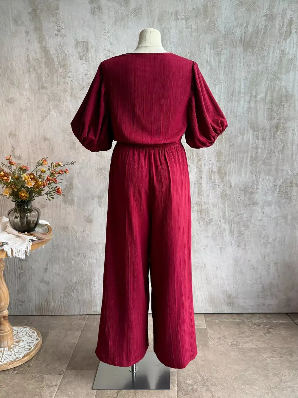 Plus Size Tie Front Puff Sleeve Top and Wide Pants