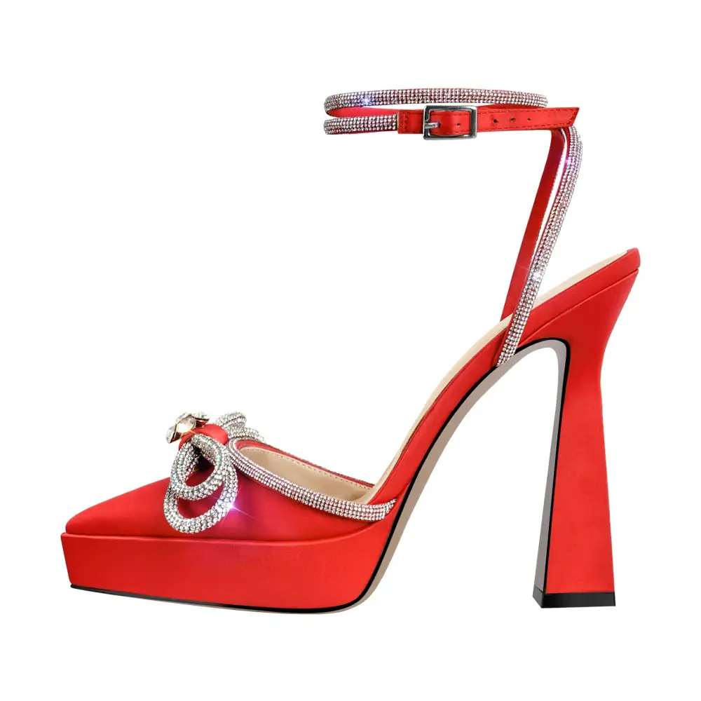 Rhinestone Pointed Toe Low Platform Chunky Heel Pumps