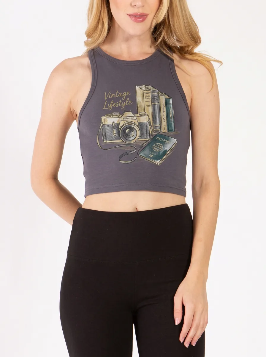 Women's Vintage Lifestyle Camera Books Passport Graphic Ribbed Crop Tank Top