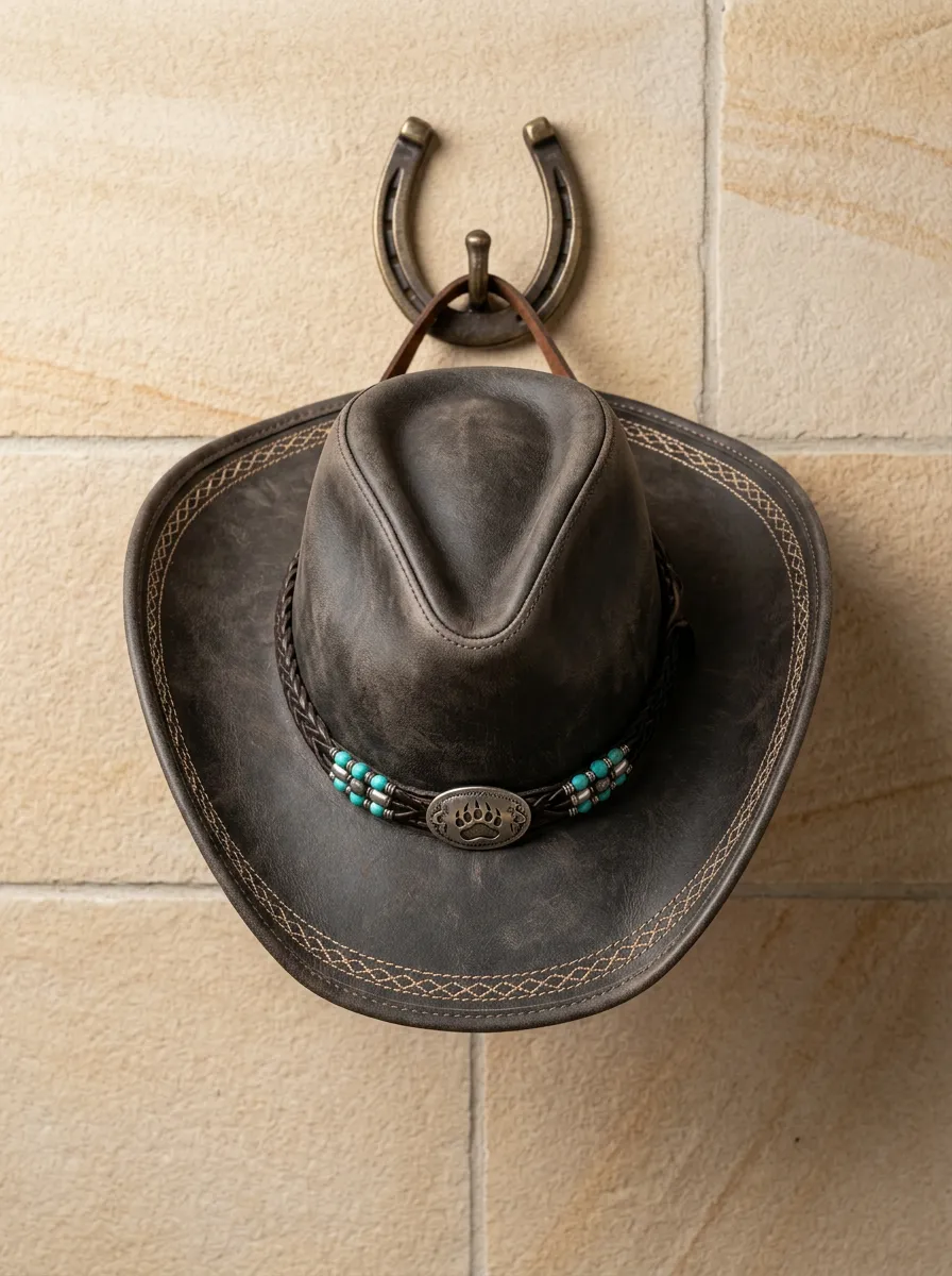Unisex Bead Accents Leather Cowboy Hat