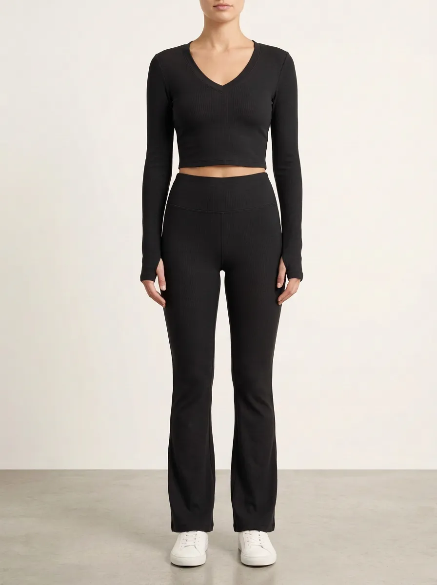 Women's Ribbed V-Neck Thumbhole Crop Top and Flare Legging Set