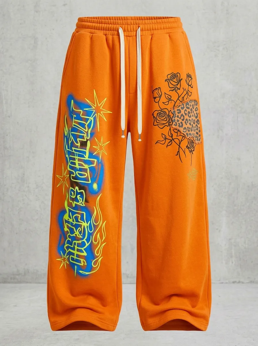 Unisex Streetwear Graffiti Rose Leopard Sweatpants