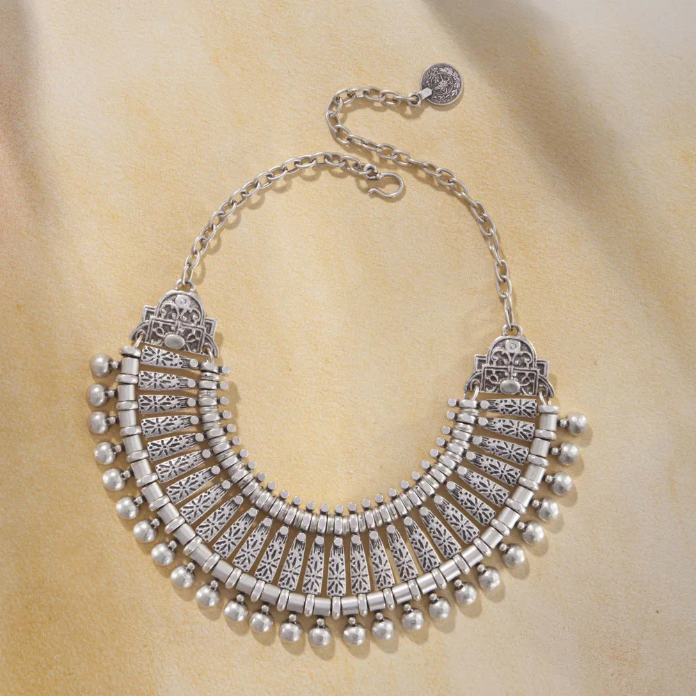 Pewter Textured Bib Statement Necklace