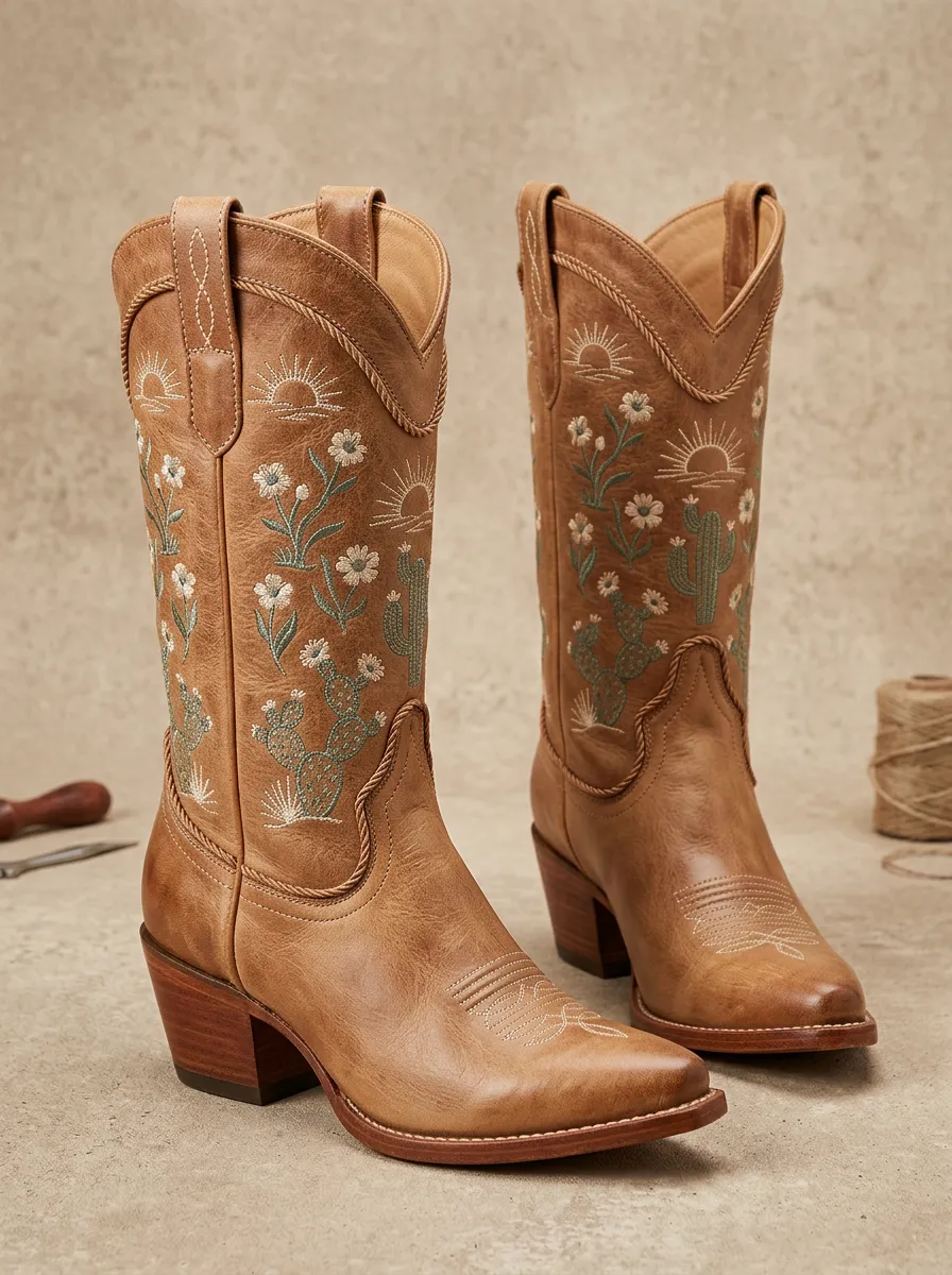 Ranch Cactus Sun Floral Design Unisex Western Cowboy Boots