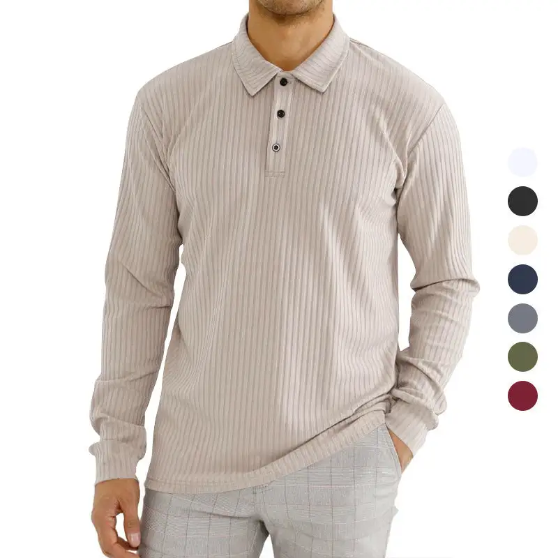 Ribbed Elastic Hem Long Sleeve Polo Shirt