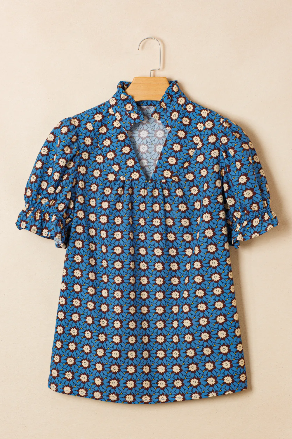 Sky Blue Retro Floral Print Blouse