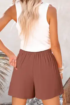 Lace Splicing Drawstring Elastic Waist Loose Linen Shorts